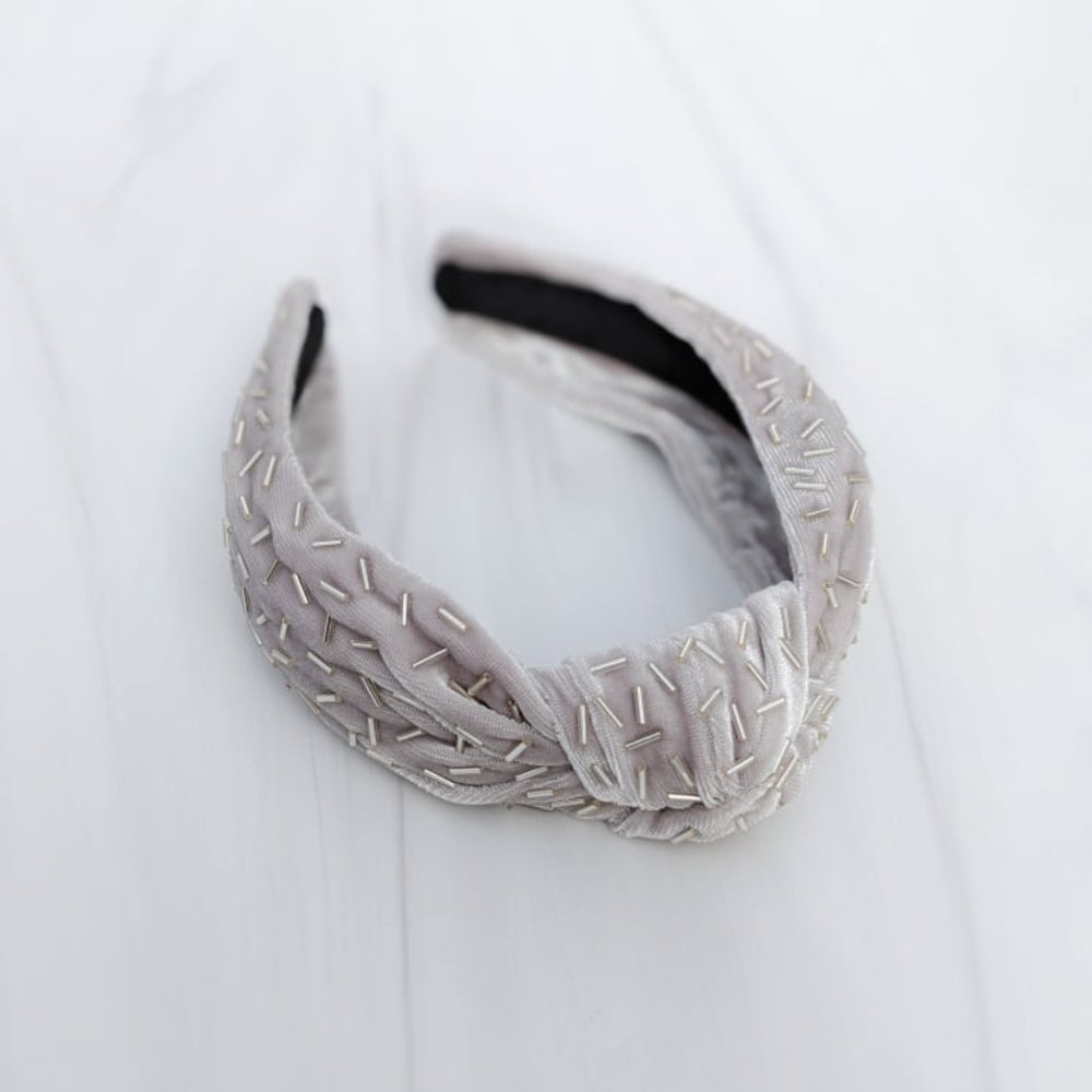 Silver Confetti Knot Velvet Headband Bugle Beads Handmade Knotted Turban Party